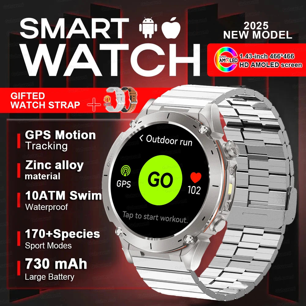 2025 Upgraded New Outdoors Sports Military GPS Smart Watch 10ATM Waterproof 730mAh High Battery Compass NFC HD BT Call Men Watch