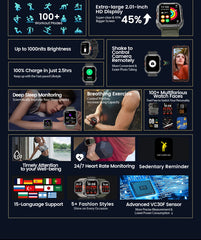 Blackview W60 2024 New Smartwatch 2.01'' HD Display TFT Rugged Smart Watch for Outdoor With Emergency Lighting Bluetooth Calling