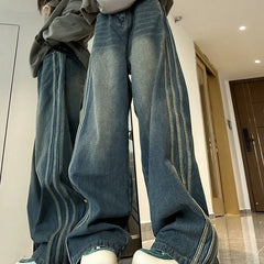 Fashion side stripe design micro flared jeans women autumn and winter high waist