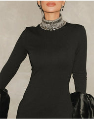 Evening Dresses: Shining Diamonds Neck Flare Sleeve Black Long Bandage Dress