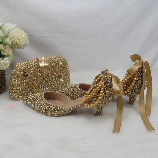 Matching Shoes and Bags: Gold Bridal Wedding shoes with matching bags woman