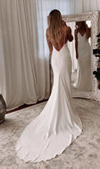 White Bridesmaid Dresses: Satin Wedding Dress V-neck Spaghetti Straps Backless