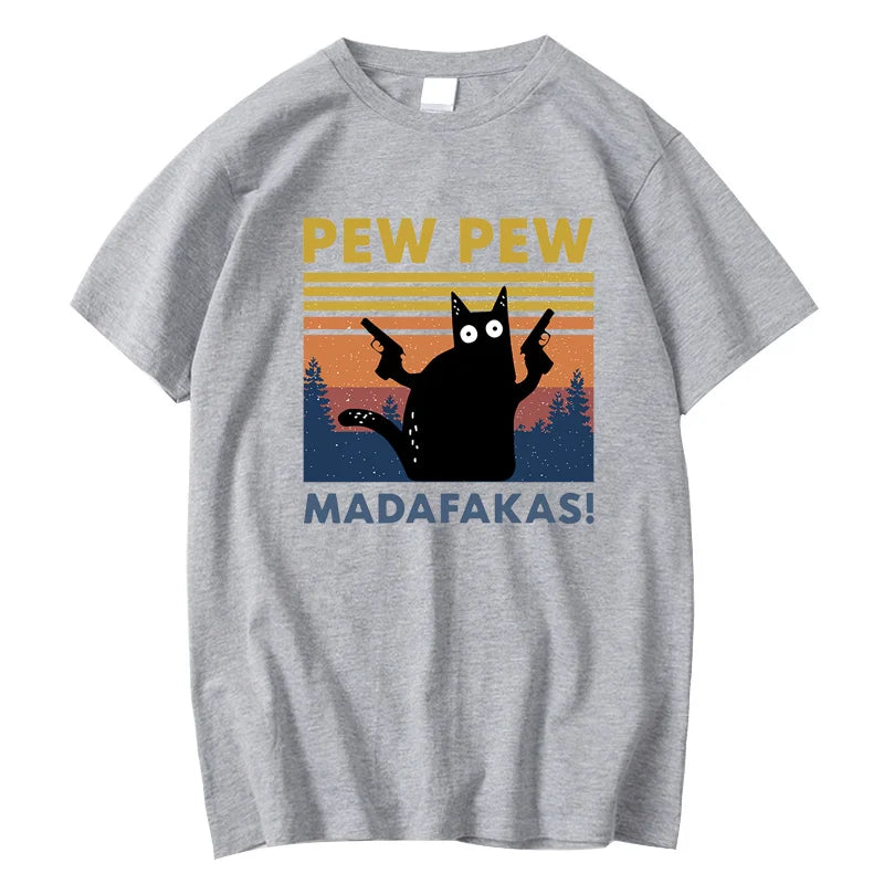 Pew Pew Madafakas Tshirt Men Short Sleeve Novelty Funny Cat T Shirt Cotton Loose Tops Shirts Tee T-Shirt Crew Neck Streetwear