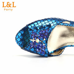 Royal Blue Fish Scale Material Design Ladies Shoes Matching Bag Set