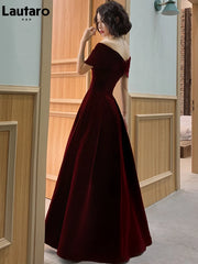 Lautaro Spring Long Luxury Elegant Wine Red Soft Velvet Evening Party Wedding Dresses