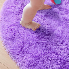 Purple Round Fluffy Carpet for Kids, Soft Area Rug for Girls Room, Princess Castle Plush