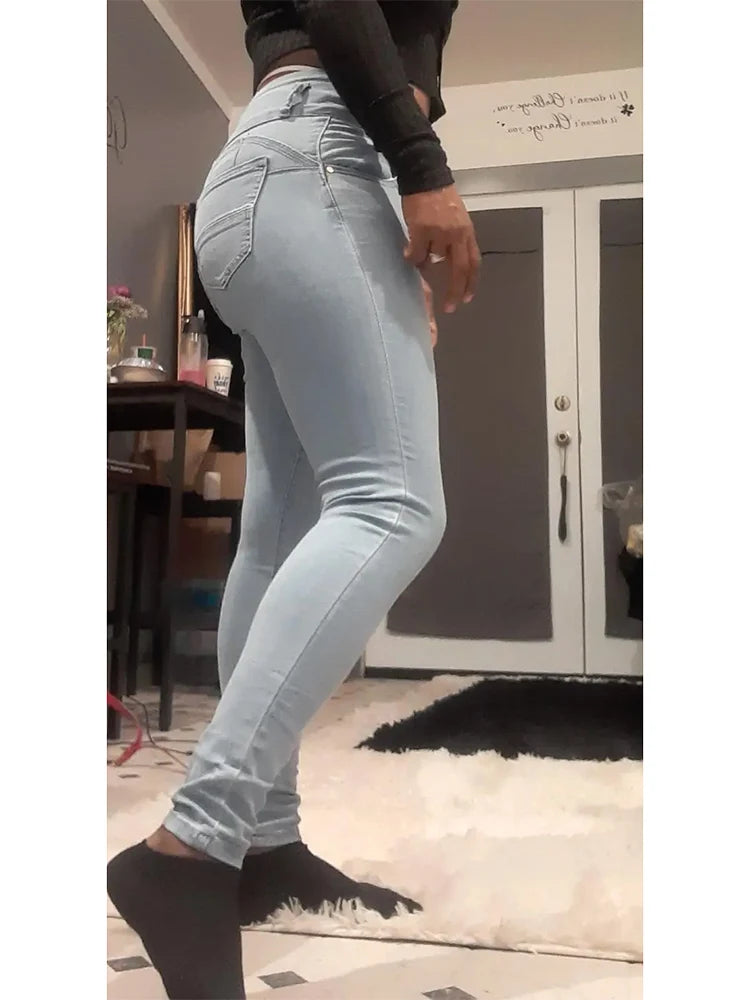 Women High Waist Stretch Skinny Blue Jeans Lady Slim Fit Hip Wrap Classic Denim Pencil
