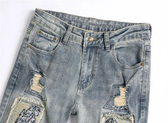 Men's Perforated Jeans 3D Inner Embroidery Zipper Bleached Slim Fit Pantyhose