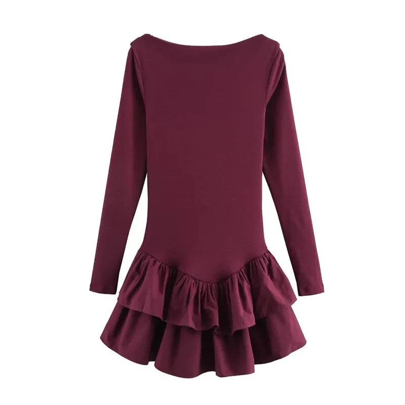 HXAO Womens Dresses Ruffled Corset Dress Summer 2025 Red Brown Black Dress O-Neck Long Sleeve Dresses Layered Party Vestidos 066