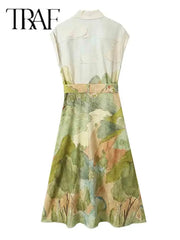 TRAF Summer Dress Fashion Green Print Long Dresses For Women