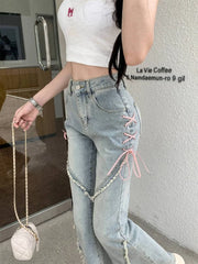 American Split Jeans Women Pink Bandage High Waist Irregular Spliced Denim Pants