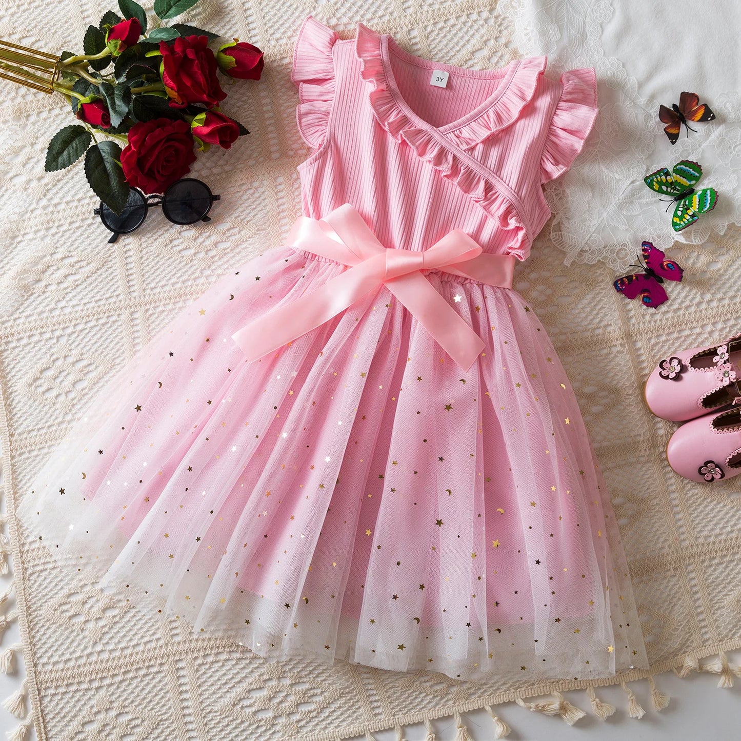 Dress for Kids Girls 3-8 Years Ruffles Sleeves Elegant Princess Dresses