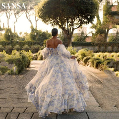 Homecoming Dresses: Puffy Sleeve Printing A-line Romantic Strapless Long Tail