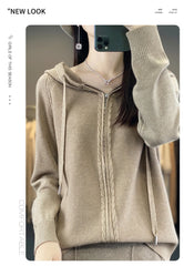 autumn and winter hooded cardigan women's knitted top loose sweater casual