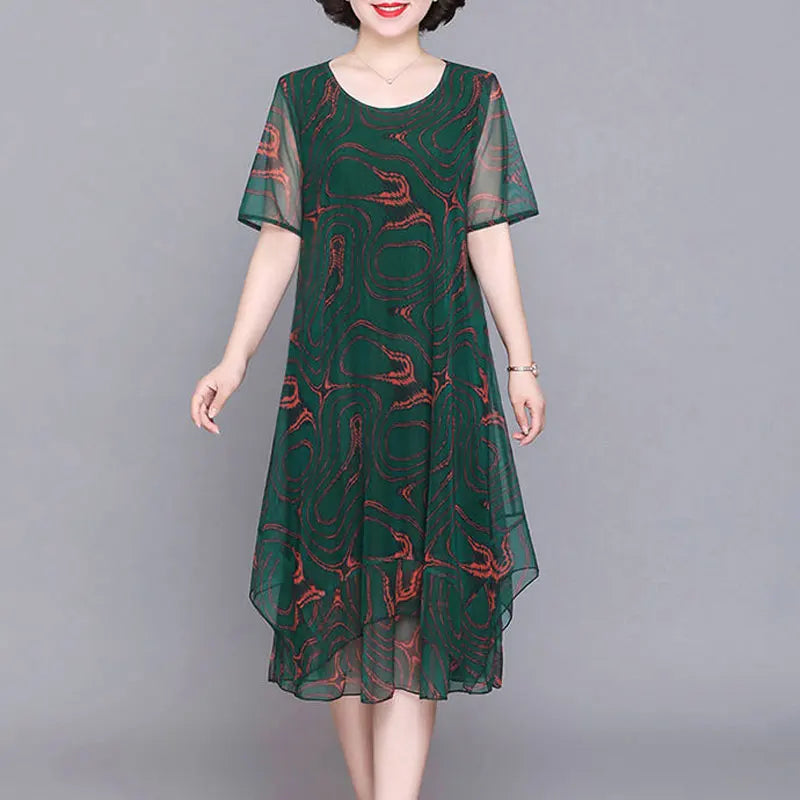 O-Neck Short Sleeve Dresses Vintage Floral Printed Summer Gauze Spliced Women's