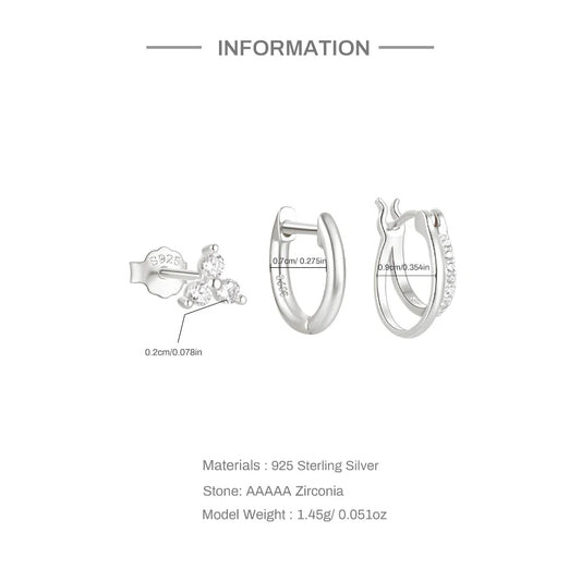 Aide 3pcs Set 925 Sterling Silver Double Gold Hoop Mini Zircon Stud Earrings For Women Hypoallergic Elegant INS Piercing Jewelry