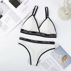 Women Cotton Bra Low Waist Panties Lingerie Set Letter Print Push Up Bras