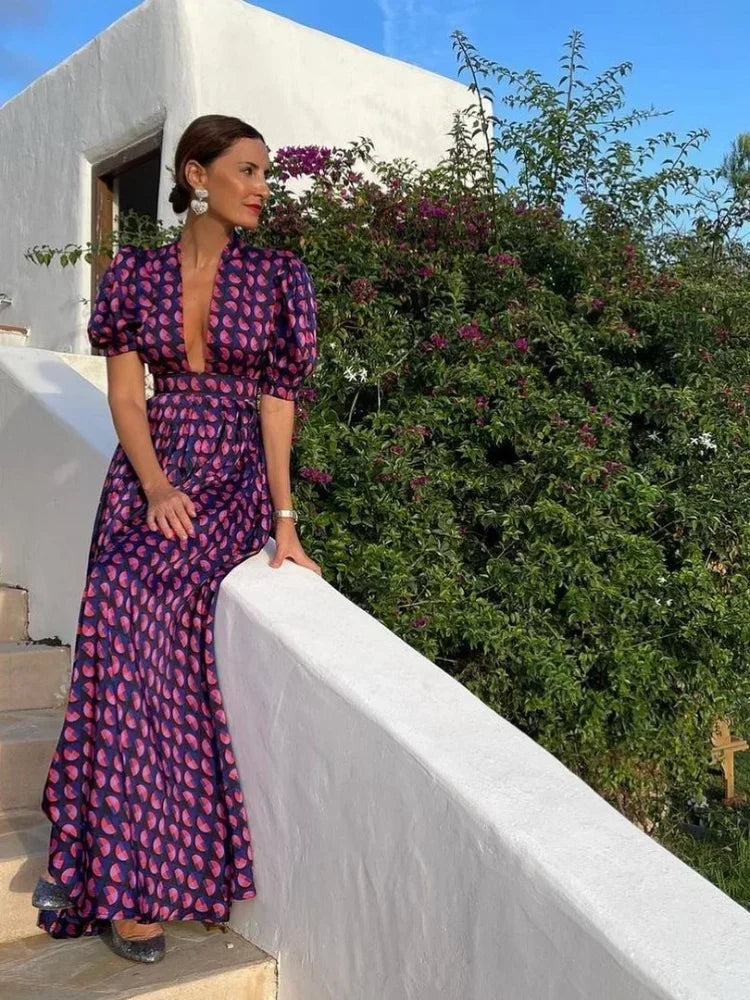 Formal attire Dresses: Deep V-neck Printed Loose Long Dress Women Short Puff Sleeve