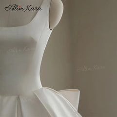 White Bridesmaid Dresses: Wedding Dress Satin Square Collar Bow Bridal Princess