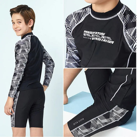 Three-piece Split Swimwear for Boys Teenage Swimsuit Kids Swim Trunks and Caps Long Sleeve Sun Protection Children Swimwear