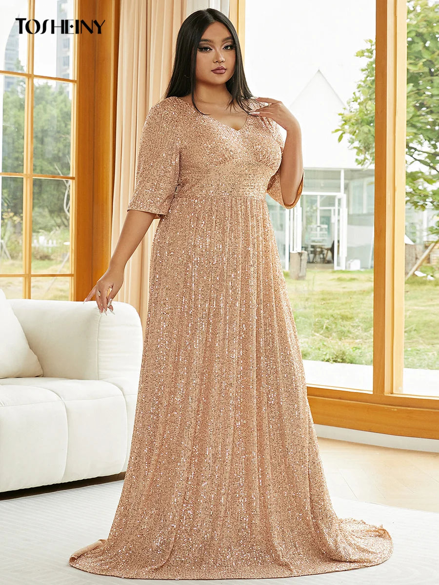 Tosheiny Plus Size V Neck Sequin Dress Fashionable Summer Dresses Apricot