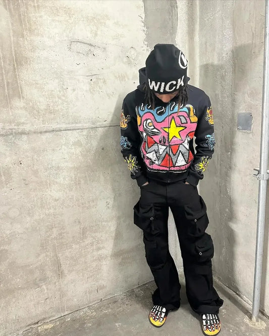 American Gothic trendy letter pattern printed oversized hoodie men's Y2K fashion Harajuku
