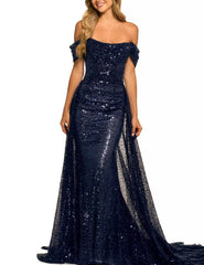 Evening wear Dresses: Off Shoulder Dazzling Sequin Fitted Bodice Evening Night Dress