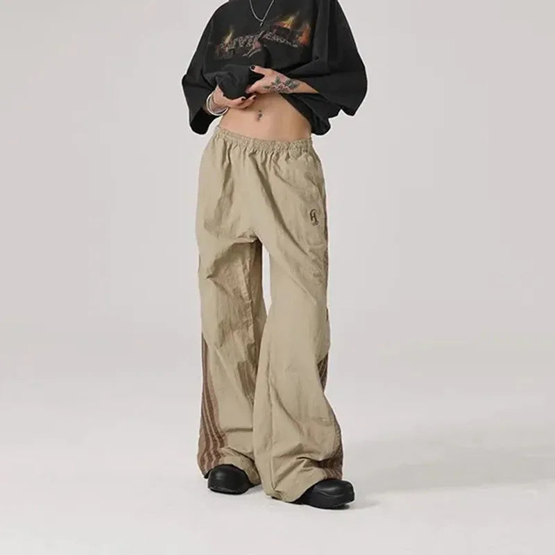 Baggy Streetwear Cargo Pants Women Korean High Waist Striped Parachute Sweatpants