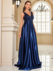 Homecoming Dresses: Evening Dress For Women Deep V-neck Satin Prom Gowns