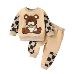 2-piece set of fashionable and casual round neck patchwork plaid long sleeved hoodie and pants for baby boys, autumn and winter
