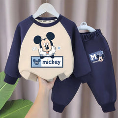 Disney Minnie Spring Fall Kids Casual Sweatshirt Set Children's Splicing O Neck Hoodies and Pants 2pcs Sets Boys Tracksuit