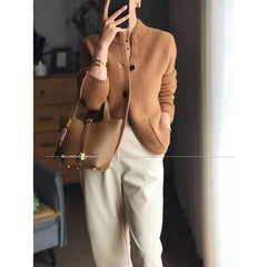 Autumn Winter Thickened 100% Cashmere Wool Cardigan Women Stand Neck