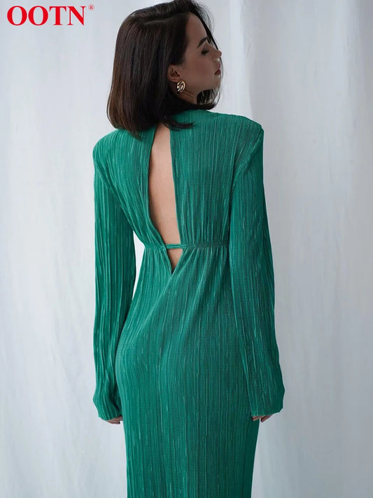 Evening Dresses: Women Pleated Party Dress Lady Slim Long Sleeve Midi Dress
