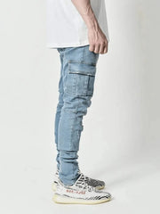 Jeans Men Black Cargo Pants Multi Pockets Denim Pantalones Blue Slim Fit