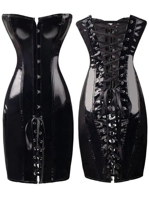 Hot Black/Red Long PVC Leather Corset Dress Sexy Women Gothic Waist Tranier Body Slim Club Vinyl Latex Mini Dress S-2XL