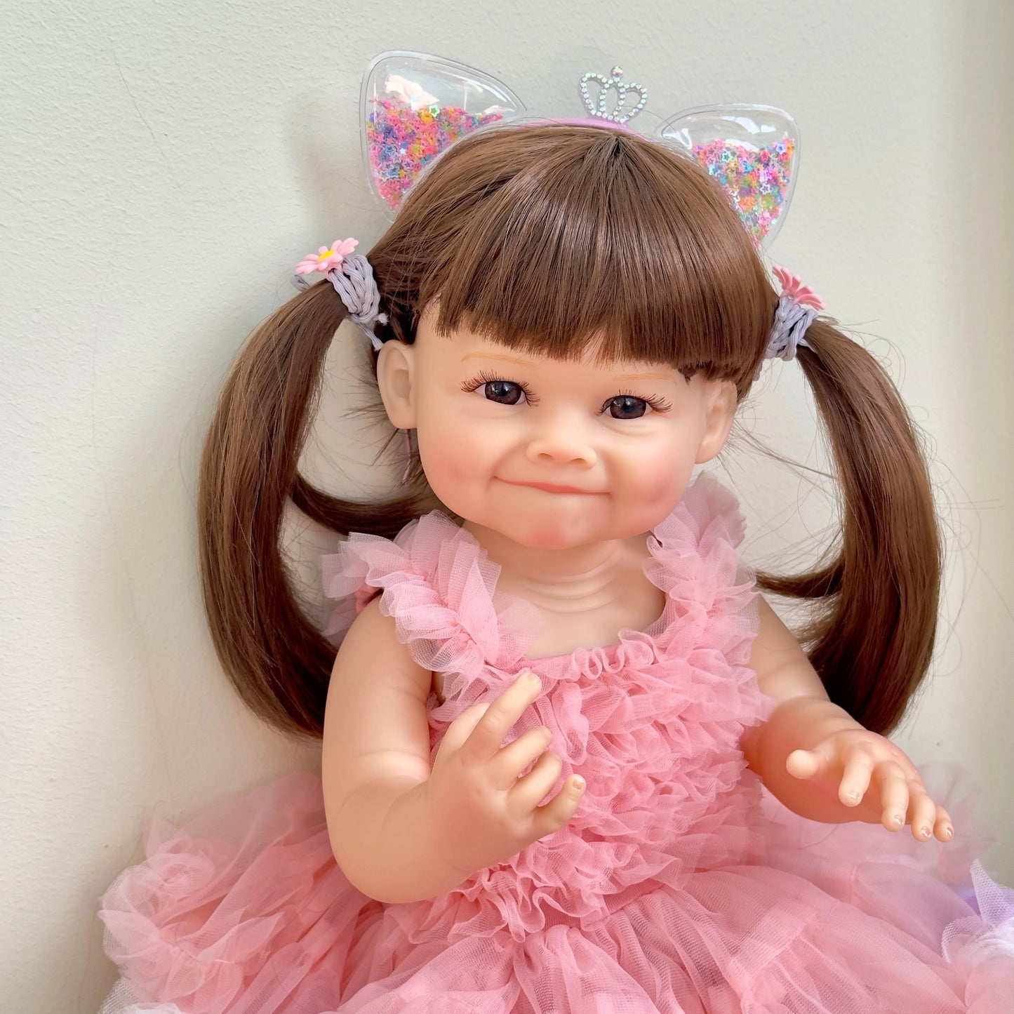 NPK 55CM Reborn Toddler Doll with Pink Dress Full Body Soft Silicone Raya Lifelike Soft Touch High Quality Doll Gifts
