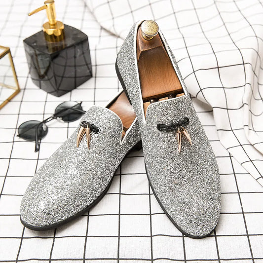 Italian Luxury Glitter Loafers Shoes Mens Silver Sequin Shoes