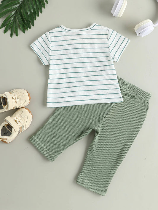 Summer New Arrival Boys’ Double-sided Waffle Knit Printed Short Sleeve T-shirt with Thin Long Pants Set, Simple and Casual Style
