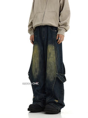 Belt Deconstructed Baggy Jeans Men Vintage Wash Destroyed Frayed