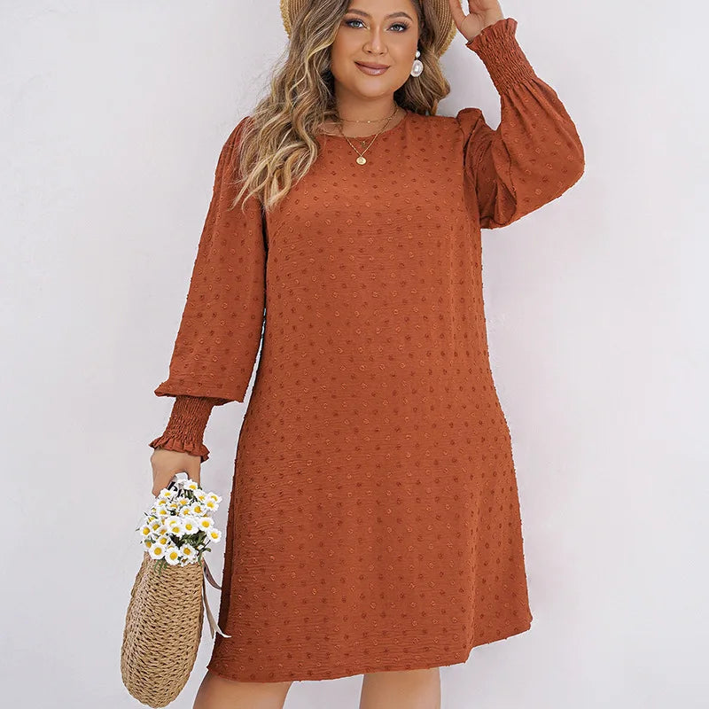 Plus Size Dot Women Dress Elastic Waist Long Sleeves Robe Scroop Neck Solid Color