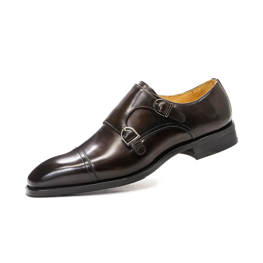 Luxury Genuine Leather Men's Dress Shoes Double Buckle Monk Strap Cap Toe Business