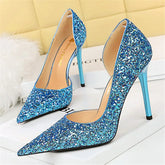 Women 7cm 10.5cm Super High Heels Blue Gold Pumps Sequins Bling Low Heels