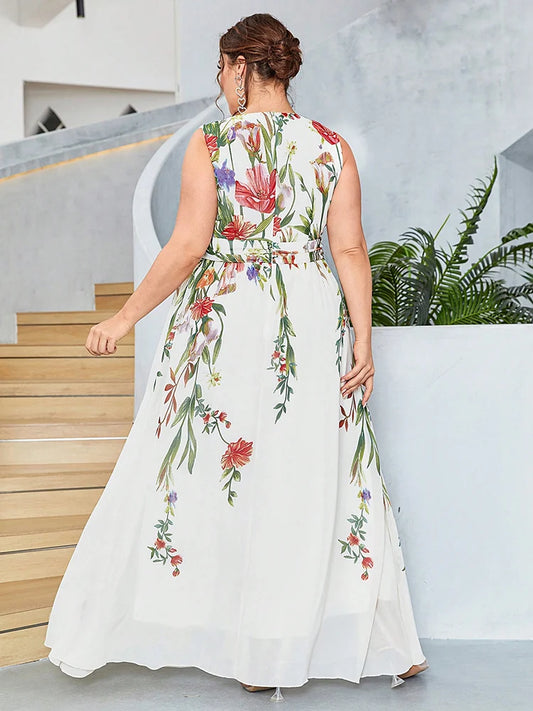 Women Plus Size Maxi Dresses Stylish Elegant Strapless Dress Chiffon Print