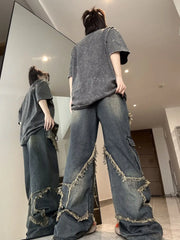 Y2K Vintage Women Denim Jeans Korean Streetwear Oversize Star Aesthetic Straight
