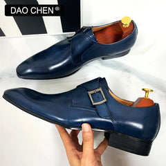 DAOCHEN MEN'S GENUINE LEATHER SHOES BLUE BLACK BUCKLE STRAP LOAFERS