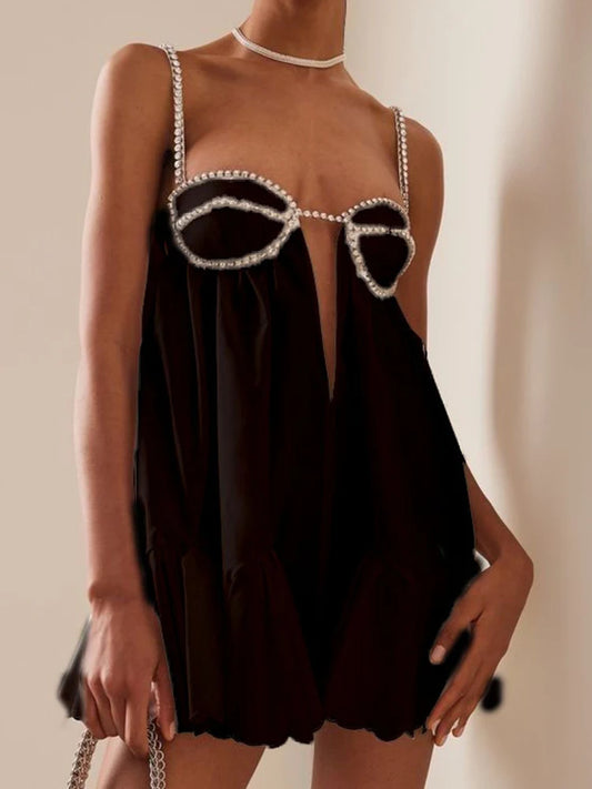 Trendy Women's Diamonds Chain Pleated Sling Dress Spring Fashion