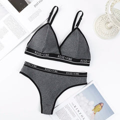 Women Cotton Bra Low Waist Panties Lingerie Set Letter Print Push Up Bras