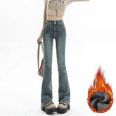 Vintage Women's Fleece Thickened Flare Jeans Winter Warm Fashion Korean Y2K