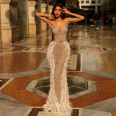 Homecoming Dresses: Feathers Mermaid Champagne Evening Dresses for Women