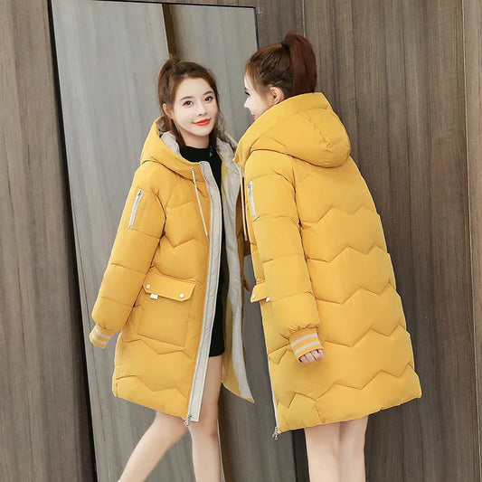 Women Winter Coat Mid-length Cotton Padded Parkas Hooded Warm Thicken